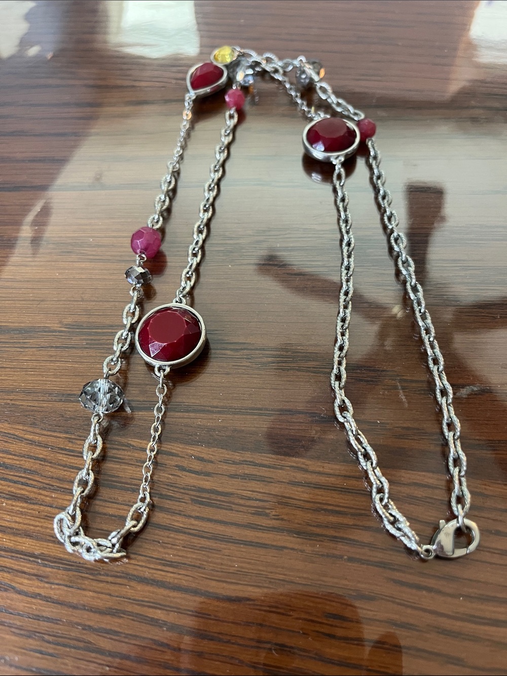 10/$10 Silver-Tone Necklace with Deep Red Gem Accents
